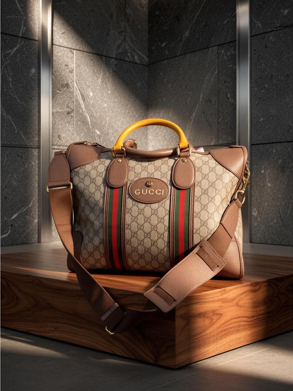 Gucci Beige Monogram Duffel with Brown Trim and Green-Red Web
